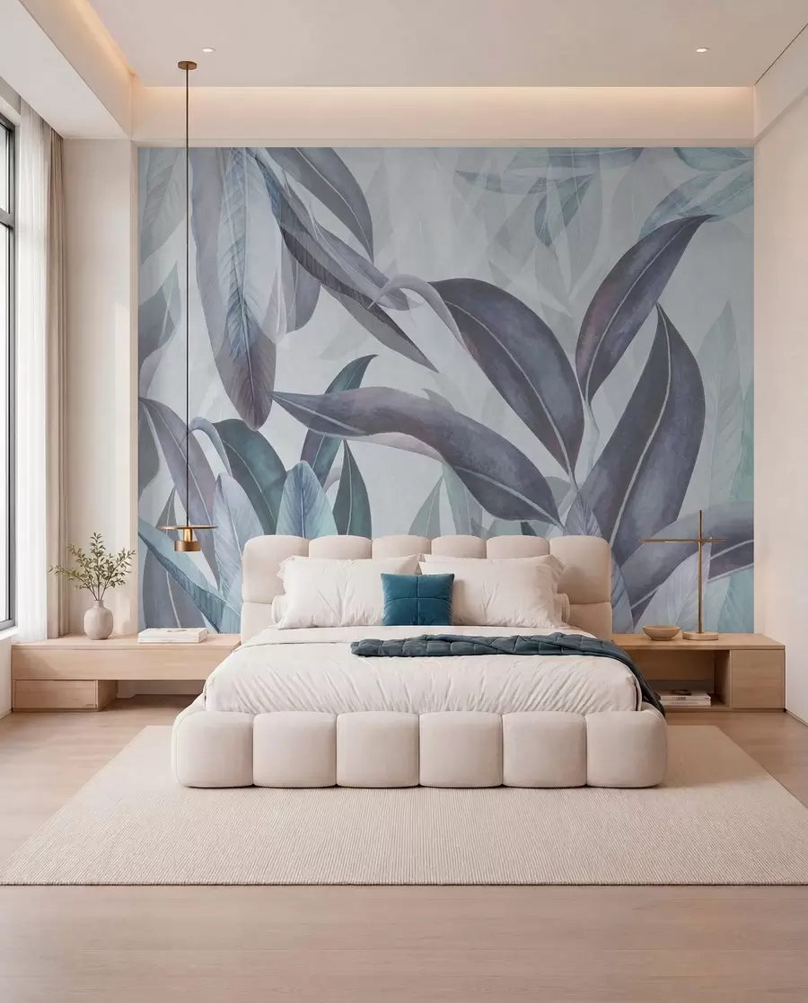 murales de pared Hojas de palmera verdes y rosas en tonos azules u94302v1