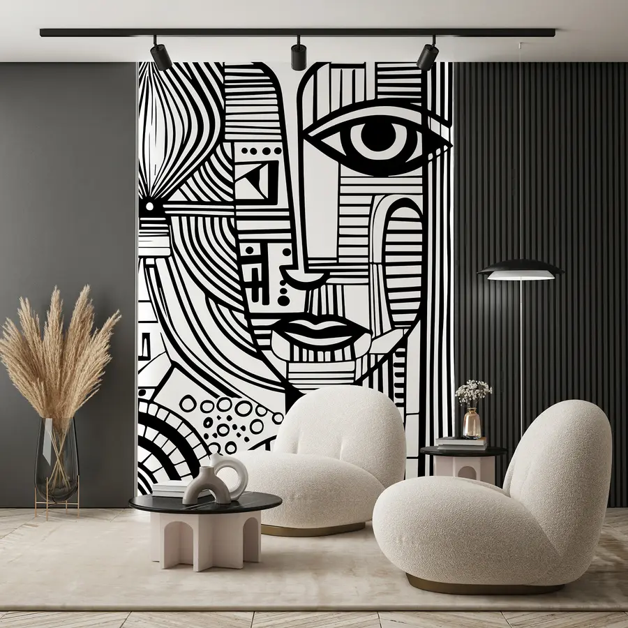 murales de pared Rostro abstracto en blanco y negro u98714