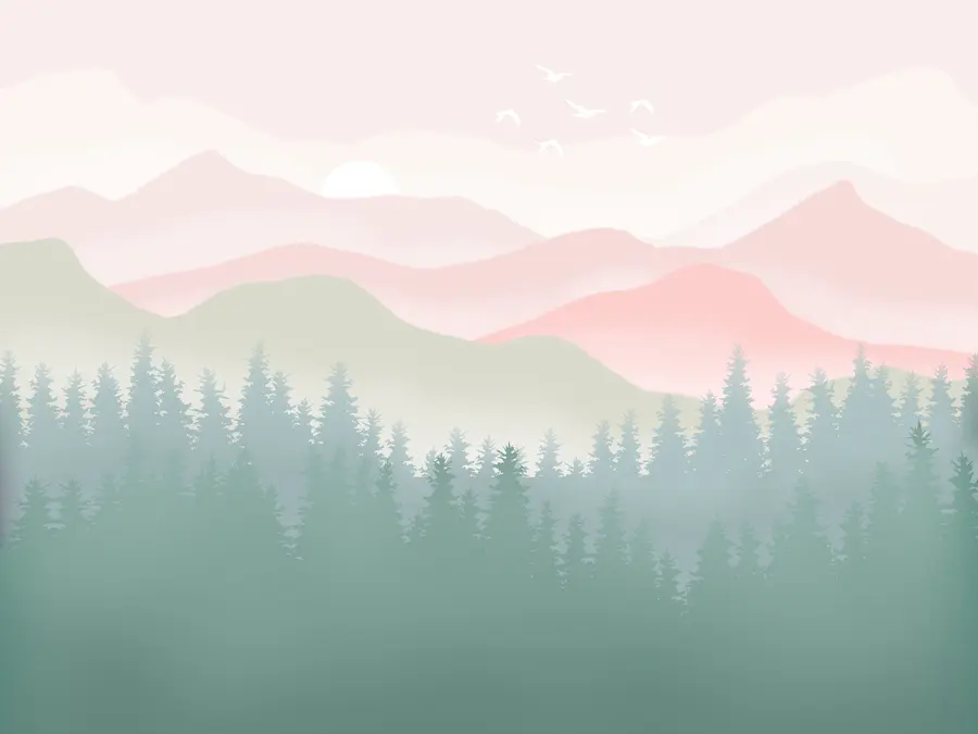 murales de pared Montañas neblinosas con bosque de pinos, colores naturales suaves, rosa y verde u98774