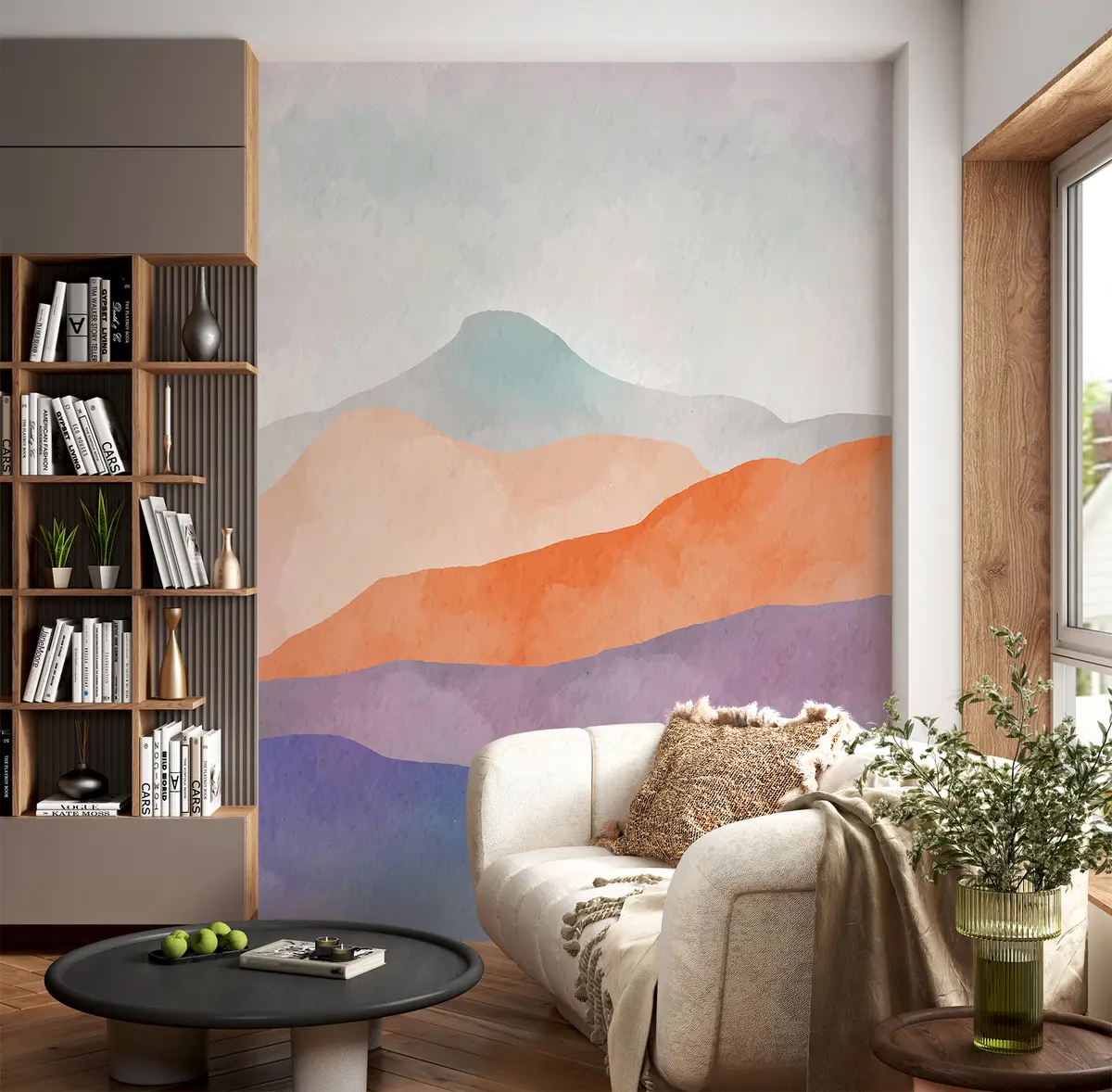 murales de pared Paisaje de montaña, dibujo abstracto, estilo boho, naranja, pupila, azul u98991