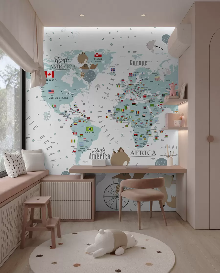 murales de pared Mapamundi infantil con animales u99228
