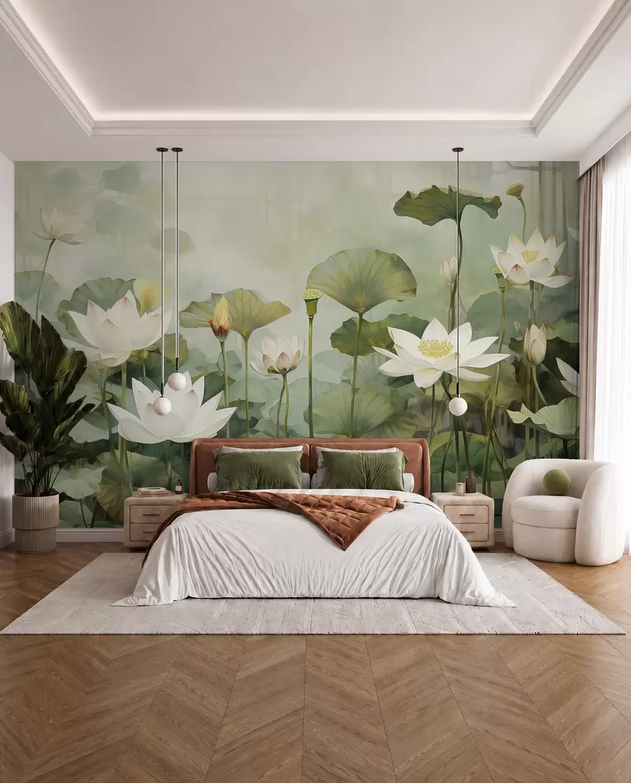 murales de pared Flores de loto en el lago, selva, arte tropical, verdor u99454d1