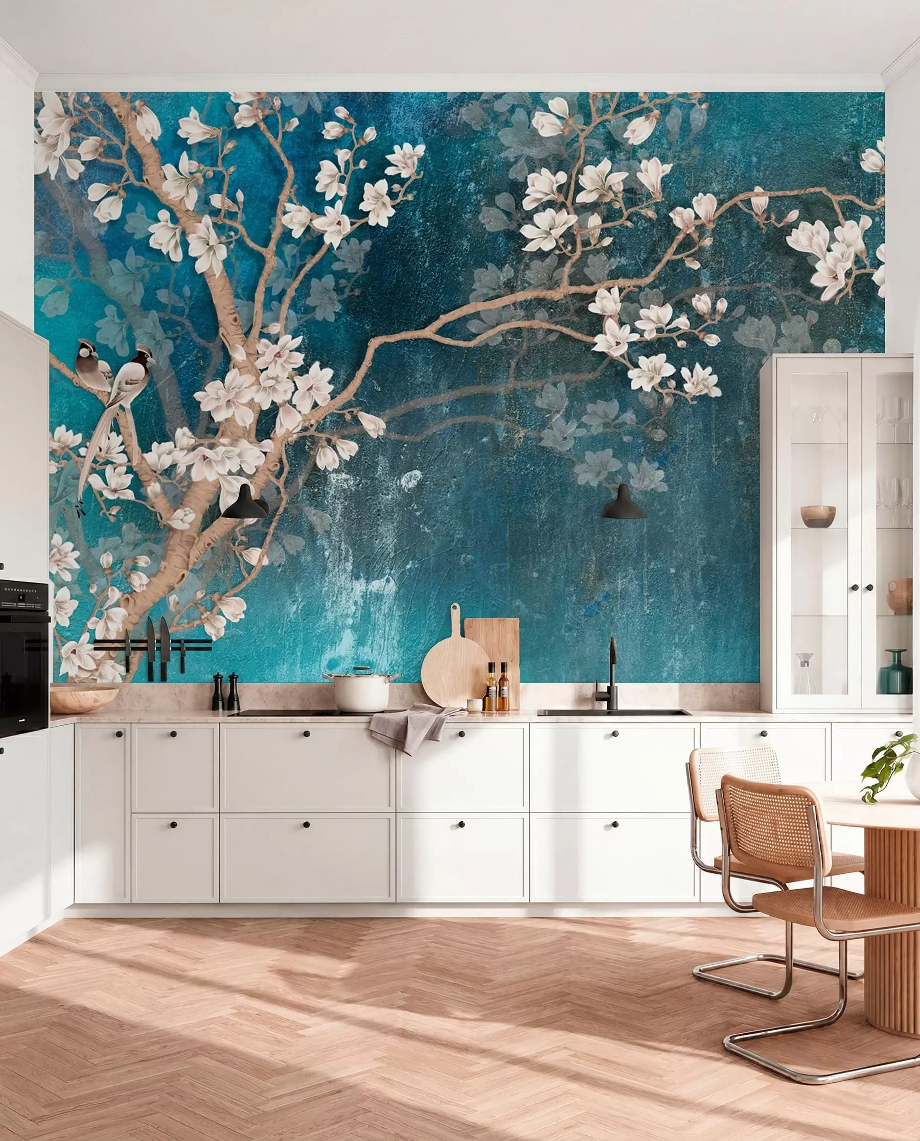 murales de pared Aves y flores sobre azul I u12150d1